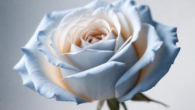 The primary subject of the image is a single white rose. The rose is the main focus of the image, and it is displayed against a white background. The visual style of the image is a close-up of the rose, showcasing its details and texture. The dominant colors in the image are white and blue, creating a serene and elegant atmosphere.