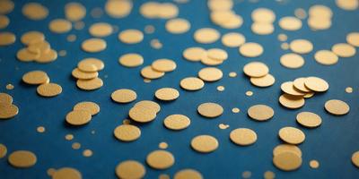 The primary subject of the image is a collection of small, round, gold-colored objects, possibly coins or buttons, scattered across a blue surface. The setting appears to be a table or a similar flat surface. The visual style of the image is a close-up of the objects, showcasing their details and textures. The colors and mood of the image are predominantly blue and gold, giving it a warm and inviting atmosphere.