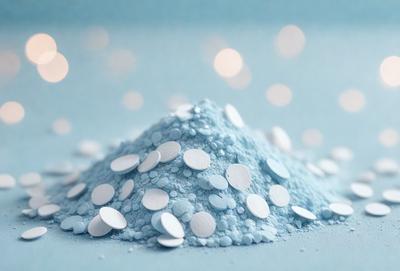 The primary subject of the image is a pile of white, round, and blue objects. The objects are scattered on a blue surface, which could be a table or a counter. The visual style of the image is a close-up of the objects, showcasing their details and textures. The colors and mood of the image are predominantly blue and white, creating a calm and serene atmosphere.