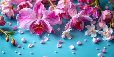 The primary subject of the image is a bouquet of pink flowers, which are scattered across a blue surface. The setting appears to be a table or a similar surface, providing a contrasting background for the flowers. The visual style of the image is a close-up of the flowers, showcasing their delicate petals and details. The colors in the image are predominantly pink, creating a warm and inviting atmosphere.
