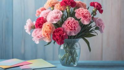 The primary subject of the image is a vase filled with pink and red flowers. The vase is placed on a table, and the flowers are arranged in a bouquet. The setting is indoors, with a blue table visible in the background. The visual style is a photo, capturing the beauty of the flowers and the vase. The colors and mood of the image are predominantly pink and red, creating a warm and inviting atmosphere.