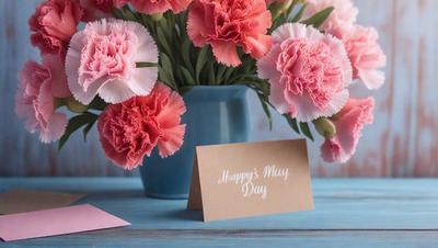 The primary subject of the image is a bouquet of pink flowers in a blue vase. The flowers are placed on a wooden table, which serves as the setting for the scene. The visual style of the image is a photo, capturing the beauty of the flowers and the vase. The dominant colors in the image are pink and blue, creating a warm and inviting atmosphere.