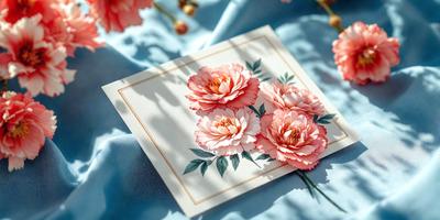 The primary subject of the image is a card featuring three pink flowers with green leaves. The card is placed on a blue surface, which serves as the setting or background. The visual style of the image is a combination of photo and digital art, as it appears to be a real photograph with a touch of digital enhancement. The colors and mood of the image are predominantly pink and soft, creating a warm and inviting atmosphere.