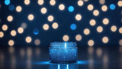 The primary subject of the image is a small, blue, glittery jar or container. The jar is placed on a table, and it appears to be lit up by a blue light. The setting is a dark room, and the visual style is a close-up of the jar. The colors and mood of the image are predominantly blue, with a sense of sparkle and shine from the glittery jar.