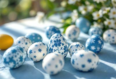 The primary subject of the image is a collection of blue and white eggs, which are arranged on a table. The setting is a table with a blue cloth, and the visual style is a photo. The dominant colors in the image are blue and white, creating a calm and serene atmosphere.