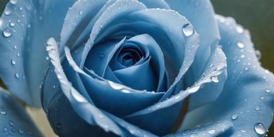 The primary subject of the image is a blue rose with a wet petal. The setting is a close-up of the rose, and the visual style is a photo. The dominant colors are blue and white, creating a serene and calming atmosphere.