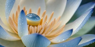 The primary subject of the image is a beautiful white flower with a blue center. The setting is a garden, and the visual style is a close-up of the flower. The colors and mood of the image are predominantly white and blue, creating a serene and peaceful atmosphere.
