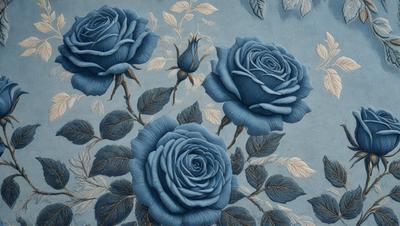 The primary subject of the image is a group of blue roses. They are the main focus of the image, and they are displayed against a blue background. The visual style of the image is a painting, which gives it a more artistic and detailed appearance. The colors and mood of the image are predominantly blue, creating a calm and serene atmosphere.