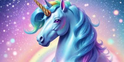 The primary subject of the image is a blue unicorn with a rainbow mane. The setting is a colorful, magical environment, likely a fantasy world. The visual style is a digital art or illustration, with the unicorn being depicted in a vibrant and whimsical manner. The colors and mood of the image are predominantly blue and purple, creating a sense of wonder and enchantment.