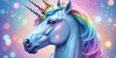 The primary subject of the image is a blue unicorn with a rainbow mane. The setting is a colorful, star-filled background, which adds to the overall mood of the scene. The visual style of the image is a digital art or illustration, showcasing the unicorn's unique features and the vibrant colors of the background.