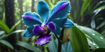 The primary subject of the image is a purple orchid flower with a blue center. The flower is surrounded by a lush green forest, creating a serene and natural setting. The visual style of the image is a close-up of the flower, showcasing its intricate details. The dominant colors in the image are purple and blue, giving the scene a calming and peaceful atmosphere.