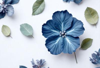 The primary subject of the image is a blue flower with a green center, which is placed on a white surface. The setting appears to be a studio or a controlled environment, as the flower is the main focus of the image. The visual style is a combination of photo and digital art, creating a realistic yet artistic representation of the flower. The dominant colors in the image are blue and white, giving the scene a calm and serene atmosphere.