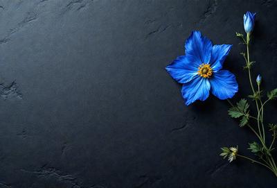 The primary subject of the image is a blue flower, which is placed on a black surface. The setting appears to be a dark room, and the visual style is a close-up of the flower. The dominant colors in the image are blue and black, creating a moody atmosphere.