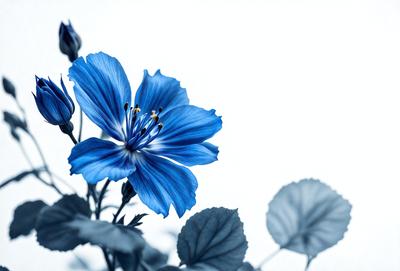 The primary subject of the image is a blue flower with a yellow center, which is the main focus of the image. The setting is a white background, which provides a clean and minimalistic look. The visual style is a close-up of the flower, showcasing its details. The dominant colors are blue and yellow, creating a calm and serene atmosphere.