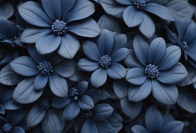 The primary subject of the image is a close-up of a blue flower with a black center. The setting is a dark background, which contrasts with the bright blue flower. The visual style is a black and white photo, giving the image a classic and timeless appearance. The dominant colors are blue and black, creating a calm and serene atmosphere.