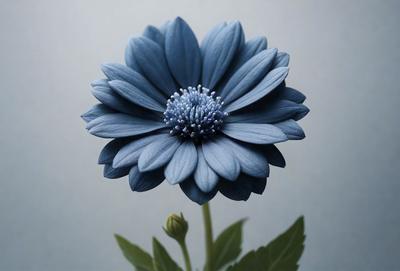 The primary subject of the image is a blue flower with a white center, sitting on a green stem. The setting is a white background, which provides a clean and minimalist look to the image. The visual style is a close-up of the flower, showcasing its details and colors. The dominant colors are blue and white, creating a calm and serene atmosphere.