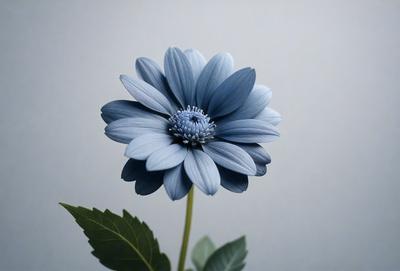 The primary subject of the image is a blue flower with a yellow center, sitting on a green leaf. The setting is a white wall, which serves as the background. The visual style is a close-up of the flower, showcasing its details. The dominant colors are blue and yellow, creating a calm and serene atmosphere.