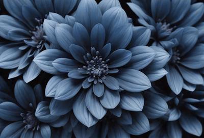 The primary subject of the image is a close-up of a blue flower, possibly a hydrangea, with a dark blue background. The visual style appears to be a photo, and the dominant colors are blue and black. The overall atmosphere of the image is serene and calming, with the blue flower being the focal point of the scene.