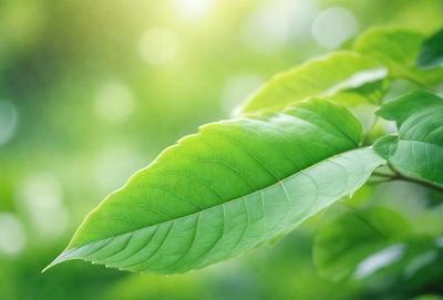 The primary subject of the image is a leaf, which is the main object, scene, or focus of the image. The leaf is green and appears to be a part of a tree. The setting/background consists of a lush green environment, which suggests a natural and serene atmosphere. The visual style of the image is a photo, capturing the leaf in its natural surroundings. The colors and mood of the image are predominantly green, conveying a sense of freshness and vitality.