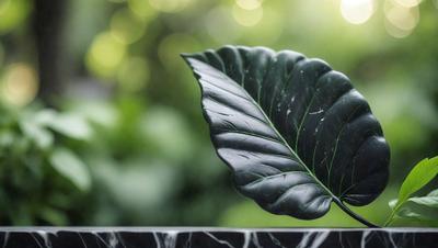 The primary subject of the image is a large, green leaf that is prominently displayed in the foreground. The leaf is placed on a marble surface, which serves as the setting for the scene. The visual style of the image is a close-up of the leaf, showcasing its intricate details. The dominant colors in the image are green and black, creating a natural and serene atmosphere.