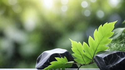The primary subject of the image is a leaf, which is placed on a rock. The setting is a natural environment, with a tree visible in the background. The visual style is a photo, capturing the leaf and rock in a realistic manner. The colors and mood of the image are predominantly green, with a calm and serene atmosphere.