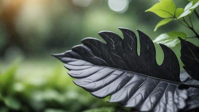 The primary subject of the image is a large, dark, and shiny leaf. The leaf is prominently displayed in the foreground, with a green background. The visual style of the image is a close-up of the leaf, showcasing its intricate details. The colors and mood of the image are predominantly dark, with the leaf being the main focus and the green background providing a subtle contrast.