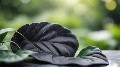 The primary subject of the image is a large, dark green leaf. The leaf is placed on a surface, possibly a table or a counter, and it appears to be a close-up of the leaf. The setting is indoors, with a green background visible behind the leaf. The visual style of the image is a close-up, and the dominant colors are green and black. The overall atmosphere of the image is calm and serene.