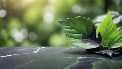 The primary subject of the image is a green leaf, which is placed on a marble surface. The leaf is positioned in the center of the image, and it appears to be a close-up of the leaf. The setting is an outdoor environment, with a tree visible in the background. The visual style of the image is a photo, capturing the natural beauty of the leaf. The colors in the image are predominantly green, with the leaf being the main focus and creating a serene and calming atmosphere.