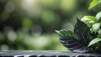The primary subject of the image is a leaf, which is the main object, scene, or focus of the image. The leaf is placed on a surface, possibly a table or a counter, and it appears to be a real leaf. The setting or background of the image includes a green environment, possibly a garden or a forest. The visual style of the image is a close-up of the leaf, which gives it a realistic and detailed appearance. The colors and mood of the image are predominantly green, which is associated with