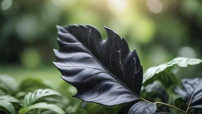 The primary subject of the image is a large black leaf, which is the main object, scene, or focus of the image. The leaf is set against a backdrop of green plants, creating a natural and vibrant setting. The visual style of the image is a photo, capturing the details and textures of the leaf and its surroundings. The dominant colors in the image are black and green, with the black leaf contrasting against the lush green plants. The overall atmosphere of the image is serene and peaceful,