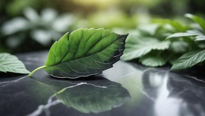 The primary subject of the image is a green leaf, which is the main object, scene, or focus of the image. The leaf is placed on a black surface, which serves as the setting or background. The visual style of the image is a photo, capturing the leaf in its natural environment. The colors and mood of the image are predominantly green, with a slightly darker tone due to the black surface.