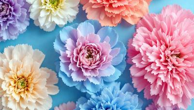 The primary subject of the image is a bouquet of colorful flowers, including pink, blue, and white. The flowers are arranged in a visually appealing manner, creating a vibrant and lively scene. The setting is a blue surface, which serves as a striking backdrop for the flowers. The visual style of the image is a combination of photo and digital art, resulting in a realistic yet artistic representation of the flowers. The dominant colors in the image are pink, blue, and white, which contribute to