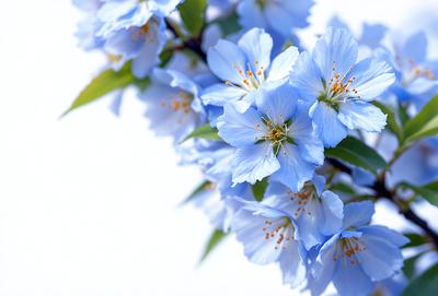 The primary subject of the image is a close-up of a blue flower, possibly a cherry blossom, with a white center. The setting is a white background, which provides a clean and minimalistic look. The visual style is a realistic representation of the flower, capturing its details and beauty. The dominant colors in the image are blue and white, creating a serene and calming atmosphere.