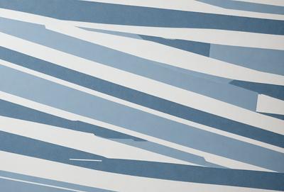 The primary subject of the image is a blue and white striped pattern. The setting is a white wall, and the visual style appears to be a digital art or illustration. The dominant colors are blue and white, creating a calm and soothing atmosphere.