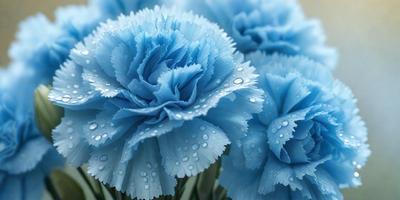 The primary subject of the image is a blue flower with drops of water on it. The setting is a garden, and the visual style is a close-up of the flower. The dominant colors are blue and green, creating a serene and calming atmosphere.