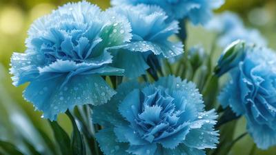 The primary subject of the image is a bouquet of blue flowers, which are the main focus of the scene. The flowers are placed in a vase, and they are surrounded by a green background. The visual style of the image is a photo, capturing the beauty of the flowers in their natural environment. The dominant colors in the image are blue and green, creating a serene and calming atmosphere.