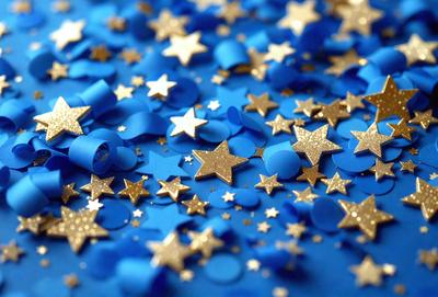 The primary subject of the image is a blue background with gold stars scattered across it. The setting appears to be a blue table or surface, and the visual style is a combination of photo and digital art. The dominant colors are blue and gold, creating a calm and serene atmosphere.