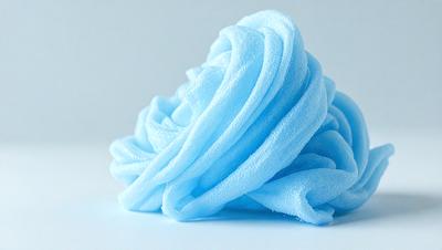 The primary subject of the image is a blue, wavy, and curly mass of plastic. The setting is a white background, which provides a clean and uncluttered environment for the plastic to be the main focus. The visual style is a close-up of the plastic, showcasing its unique texture and shape. The colors and mood of the image are predominantly blue, giving it a calm and soothing atmosphere.