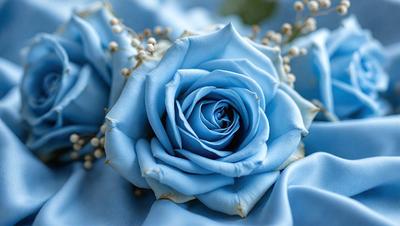 The primary subject of the image is a blue rose, which is the main focus of the scene. The setting is a close-up of the rose, with a background of a blue cloth. The visual style is a photo, capturing the beauty of the blue rose. The dominant colors in the image are blue and white, creating a serene and calming atmosphere.