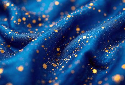The primary subject of the image is a blue cloth with gold stars on it. The setting is a blue background, and the visual style appears to be a photo. The dominant colors are blue and gold, creating a warm and inviting atmosphere.
