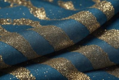 The primary subject of the image is a blue fabric with gold glittery stripes. The setting is a close-up view of the fabric, showcasing its intricate design. The visual style is a combination of a photo and digital art, as the gold glittery stripes are digitally added to the blue fabric. The colors and mood of the image are predominantly blue and gold, creating a sense of luxury and elegance.