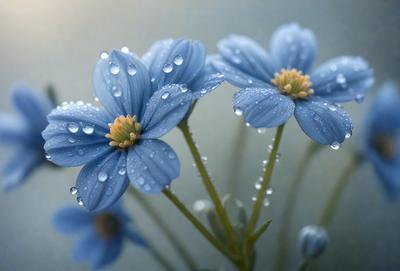 The primary subject of the image is a close-up of a blue flower with droplets of water on it. The setting is a blue background, which adds to the overall visual style. The colors and mood of the image are predominantly blue, creating a serene and calming atmosphere.