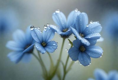 The primary subject of the image is a close-up of a flower with droplets of water on it. The flower is blue and appears to be a daisy. The setting is a garden, and the visual style is a photo. The dominant colors are blue and white, creating a serene and calming atmosphere.