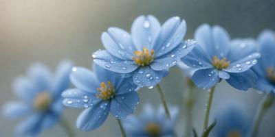 The primary subject of the image is a close-up of a flower with water droplets on it. The flower is blue and white, and it is placed in a setting with a blue background. The visual style of the image is a photo, capturing the beauty of the flower in its natural environment. The colors and mood of the image are serene and calming, with the blue flower and water droplets creating a peaceful and soothing atmosphere.