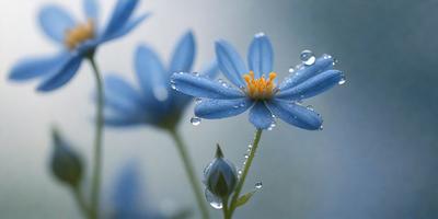 The primary subject of the image is a blue flower with a yellow center, surrounded by water droplets. The setting is a close-up of the flower, with a background of water droplets. The visual style is a photo, capturing the beauty of the flower in its natural environment. The dominant colors are blue and yellow, creating a serene and calming atmosphere.