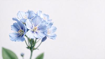 The primary subject of the image is a beautiful blue flower with a yellow center. The flower is placed against a white background, which creates a striking contrast. The visual style of the image is a close-up of the flower, showcasing its details and beauty. The dominant colors in the image are blue and white, giving it a serene and calming atmosphere.