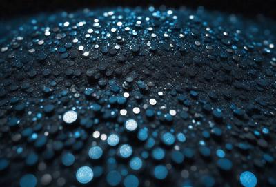 The primary subject of the image is a close-up of a blue background with a pattern of blue and white glittery dots. The setting appears to be a dark room, and the visual style is a combination of a photo and digital art. The colors and mood of the image are predominantly blue and glittery, creating a visually appealing and captivating scene.