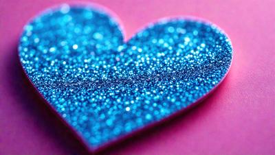 The primary subject of the image is a heart-shaped piece of glittery blue material. The heart is placed on a pink surface, which adds a contrasting color to the scene. The visual style of the image is a close-up of the heart, showcasing its unique texture and design. The colors and mood of the image are predominantly pink and blue, creating a warm and inviting atmosphere.