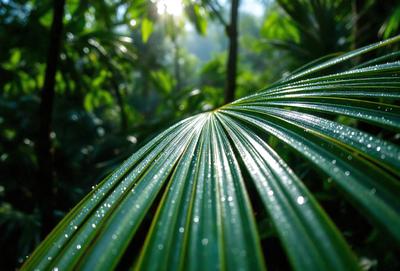 The primary subject of the image is a large, green palm leaf. The leaf is prominently displayed in the foreground, with its vibrant green color and distinctive texture. The setting is a lush, green forest, with trees and plants surrounding the palm leaf. The visual style of the image is a close-up of the palm leaf, emphasizing its details and texture. The colors and mood of the image are predominantly green, creating a serene and natural atmosphere.