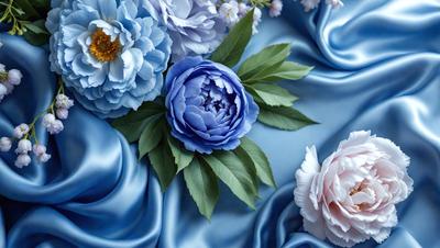 The primary subject of the image is a bouquet of flowers, which are arranged on a blue cloth. The setting is a blue background, and the visual style appears to be a photo. The dominant colors in the image are blue and white, creating a calm and serene atmosphere.